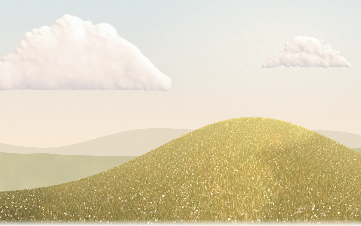 Painted golden meadow under soft clouds